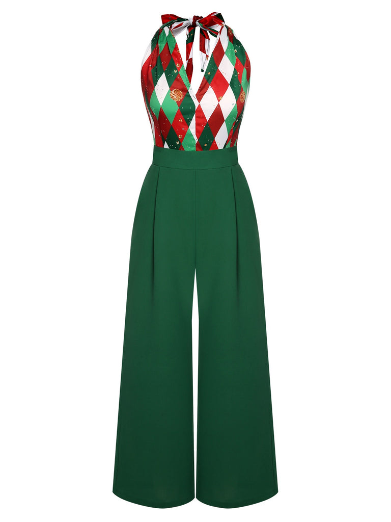 Grün 1930er Weihnachten Plaid Spitze Patchwork Jumpsuit