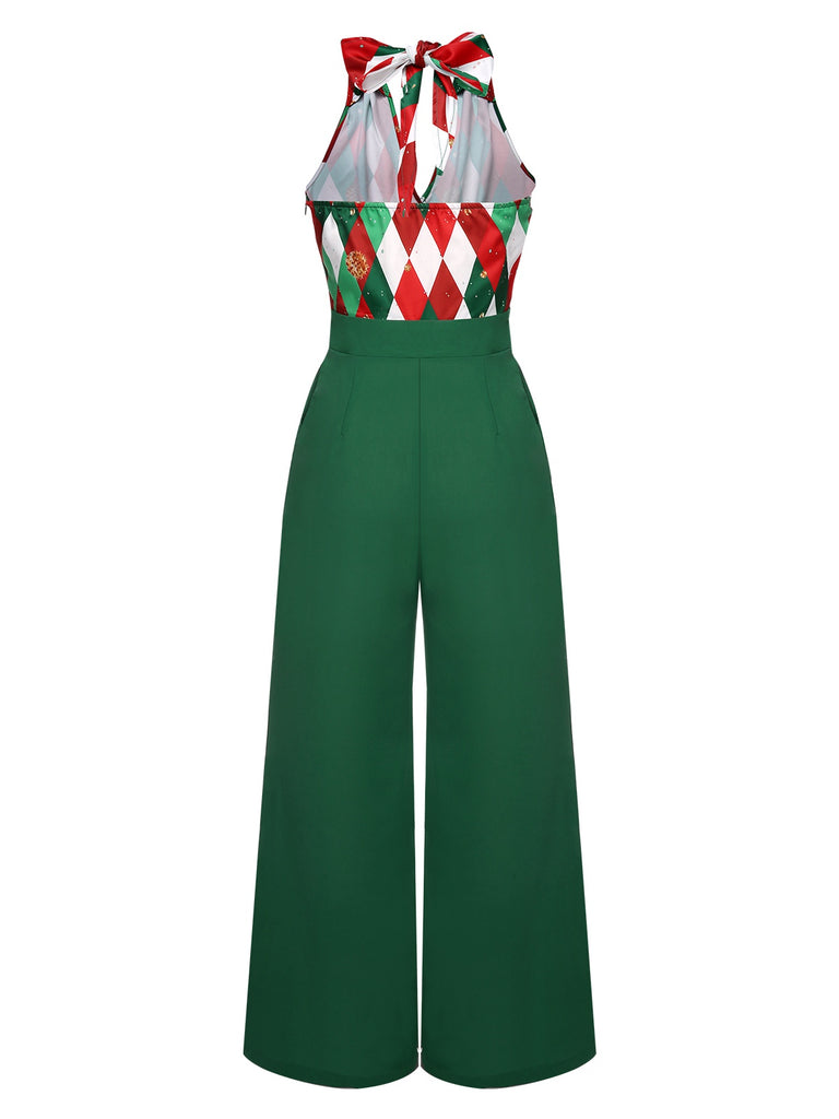 Grün 1930er Weihnachten Plaid Spitze Patchwork Jumpsuit