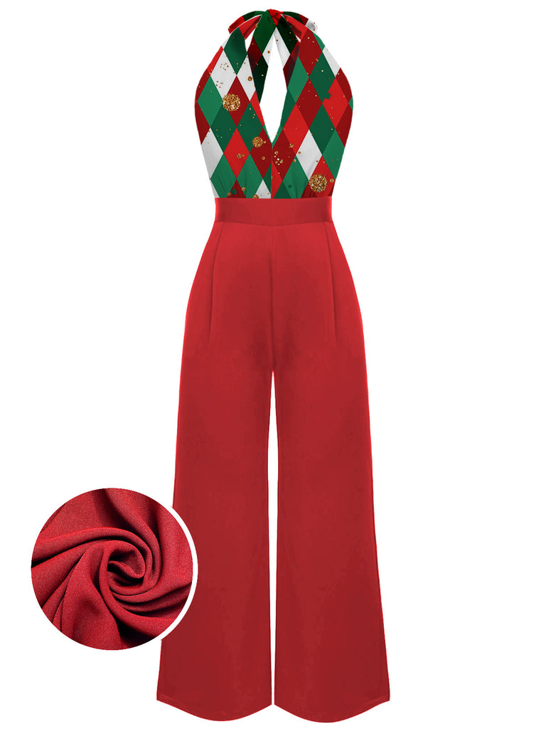 Grün 1930er Weihnachten Plaid Spitze Patchwork Jumpsuit