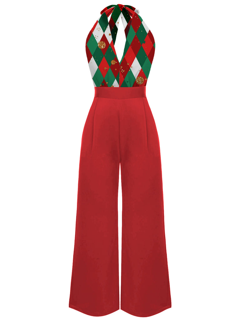 Grün 1930er Weihnachten Plaid Spitze Patchwork Jumpsuit