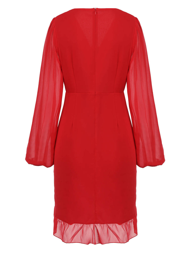 Rot 1960er Solide Chiffon Chorhemd V-Ausschnitt Kleid