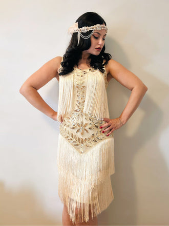 Beige 1920er V-Ausschnitt Paillettenbesetztes Mesh kleid