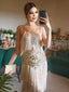 Beige 1920er V-Ausschnitt Paillettenbesetztes Mesh kleid