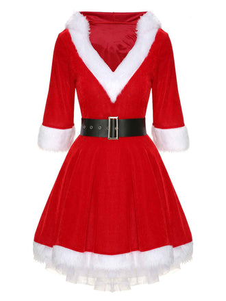 Rot Weihnachten Kapuze Santa Claus Roher Saum Gürtel Kleid
