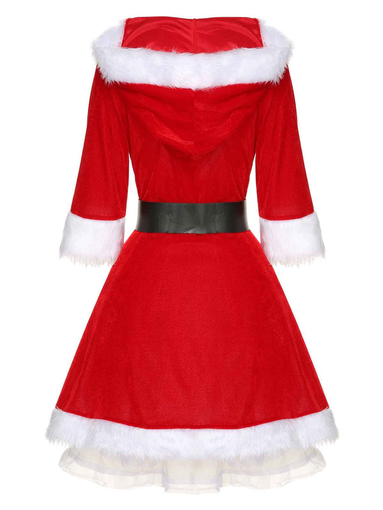 Rot Weihnachten Kapuze Santa Claus Roher Saum Gürtel Kleid