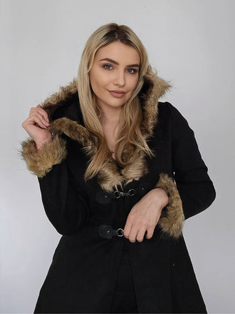 Schwarz 1950er Solide Schnalle Fell Getrimmt Mantel