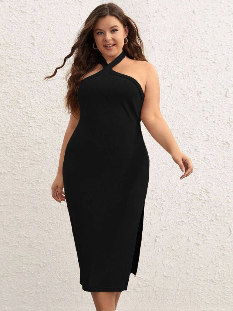 [Übergröße] Schwarz 1960er Kreuzhalter Kleid