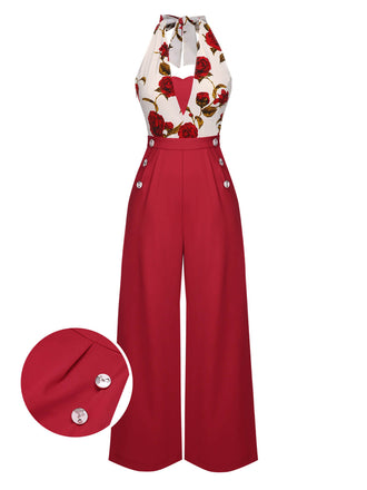 Rot 1930er Halter Tief V-Ausschnitt Rosen Jumpsuit