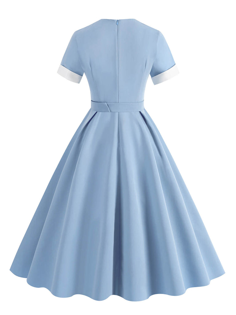 1950er Solide Kontrast V-Ausschnitt Swing Kleid