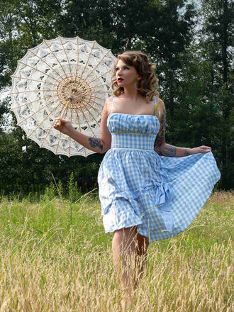 Blau 1950er Spaghettiträger Plaids Schleife Dekor Kleid