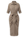 Khaki 1960er Solide Falten Revers Kleid