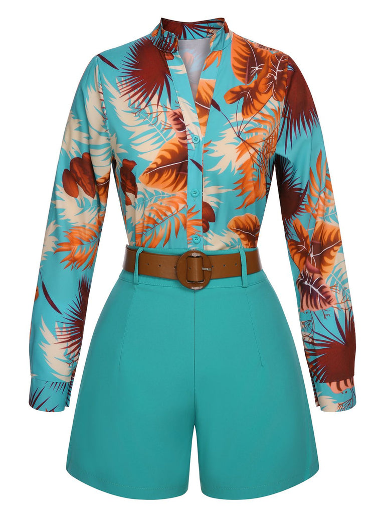 2PCS Blau 1950er Tropische Bluse & Shorts mit Gürtel