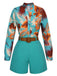 2PCS Blau 1950er Tropische Bluse & Shorts mit Gürtel