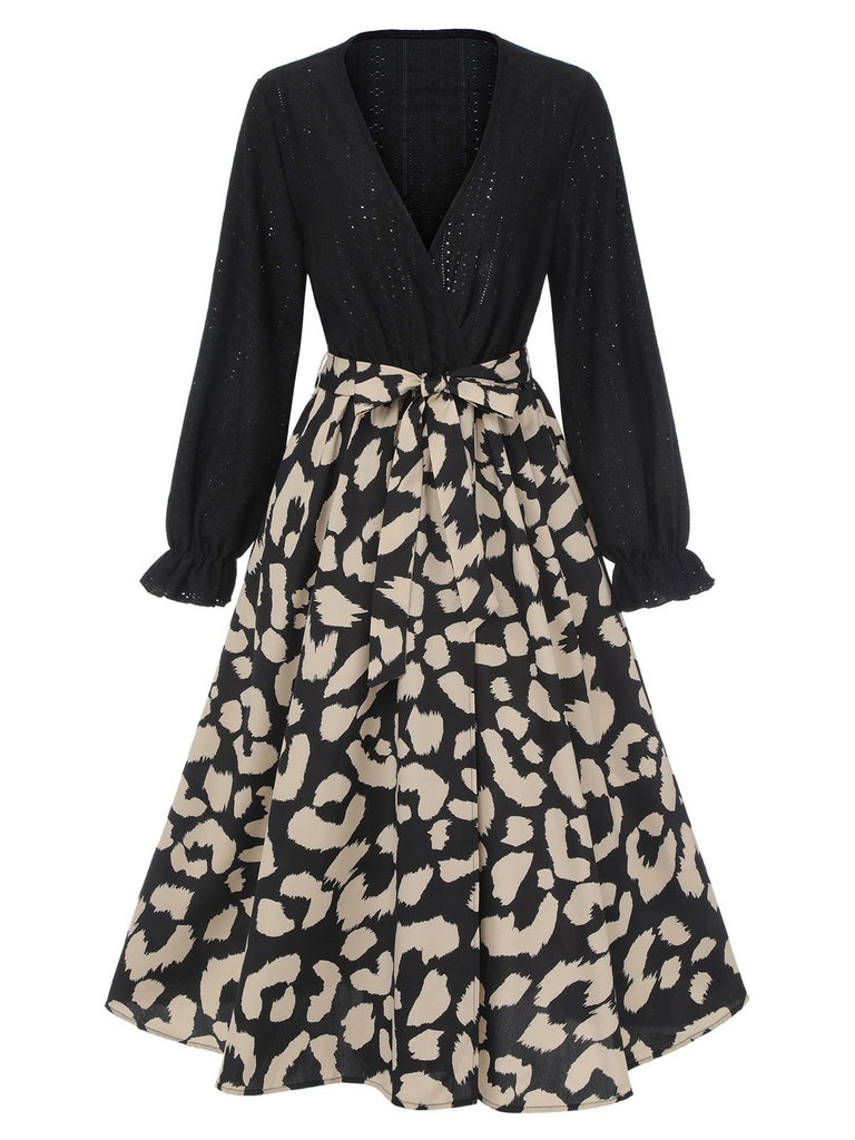 Schwarz 1950er Leopard V-Ausschnitt Patchwork Kleid