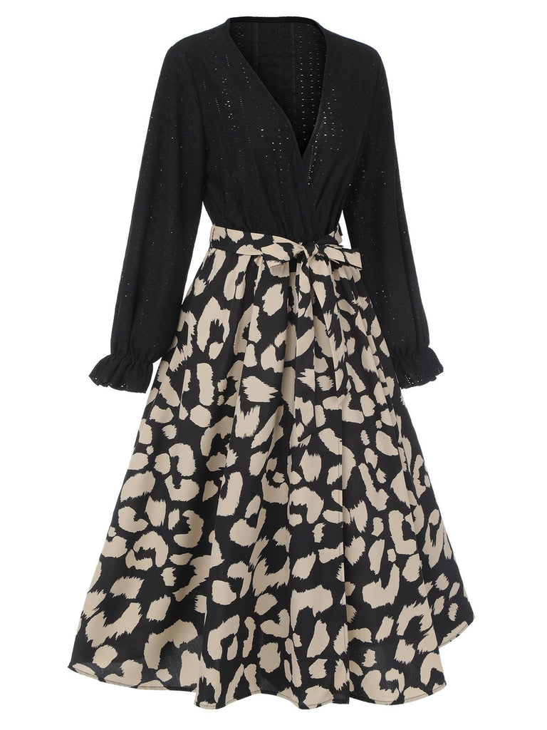 Schwarz 1950er Leopard V-Ausschnitt Patchwork Kleid