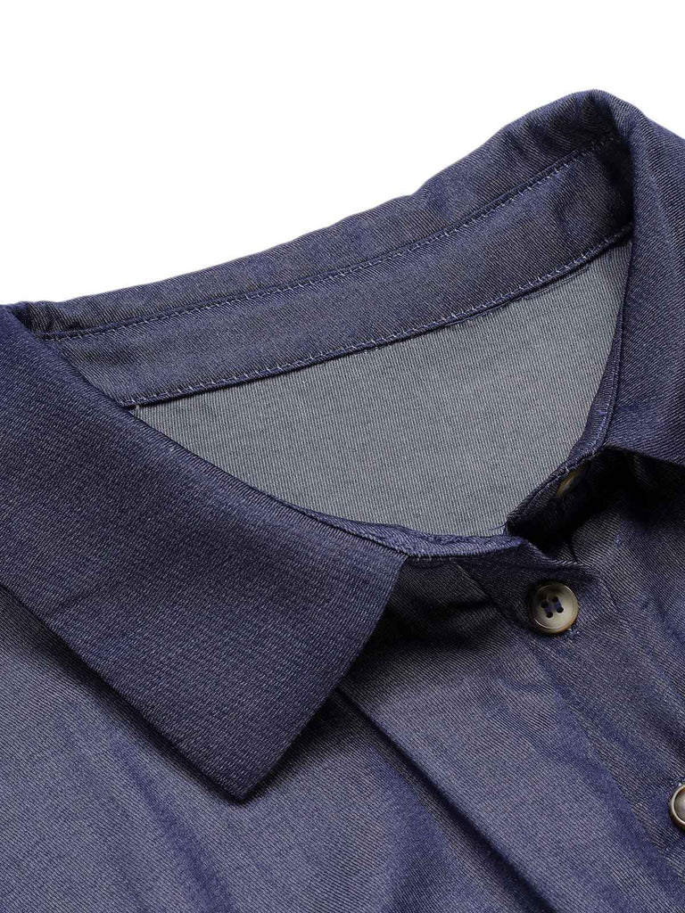 Blau 1940er Solide Hemdkragen Kleid mit Gürtel