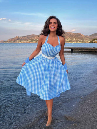 Hellblau 1950er Kariert Halter Swing Kleid