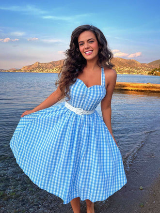 Hellblau 1950er Kariert Halter Swing Kleid