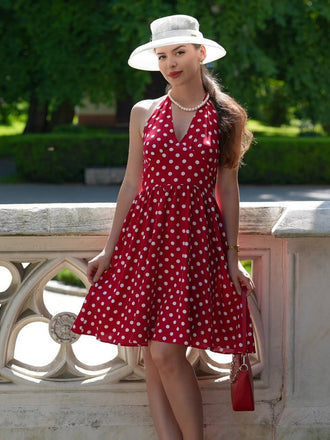 Rot 1950er Polka Dot Halter Kleid