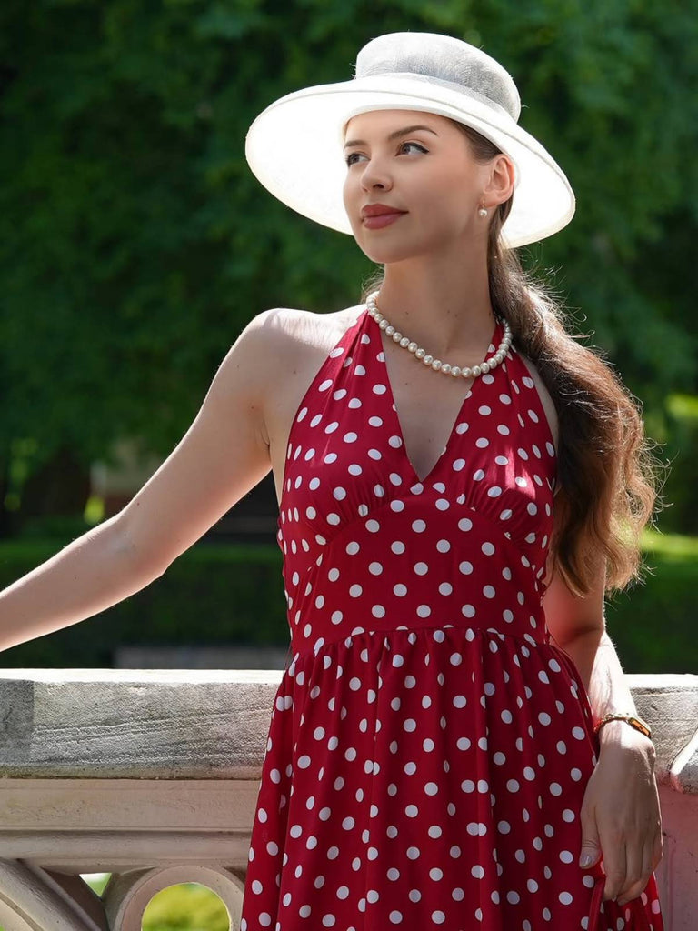 Rot 1950er Polka Dot Halter Kleid