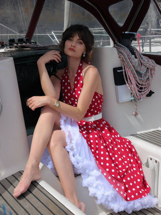 Rot 1950er Polka Dot Halter Kleid