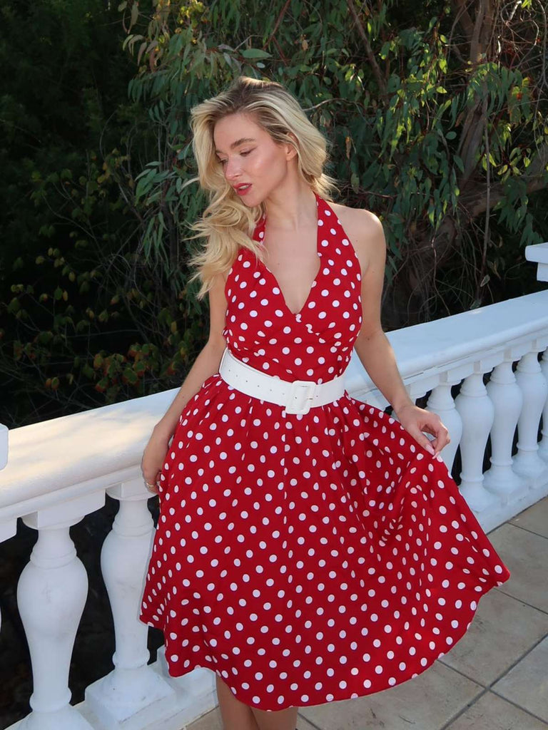Rot 1950er Polka Dot Halter Kleid