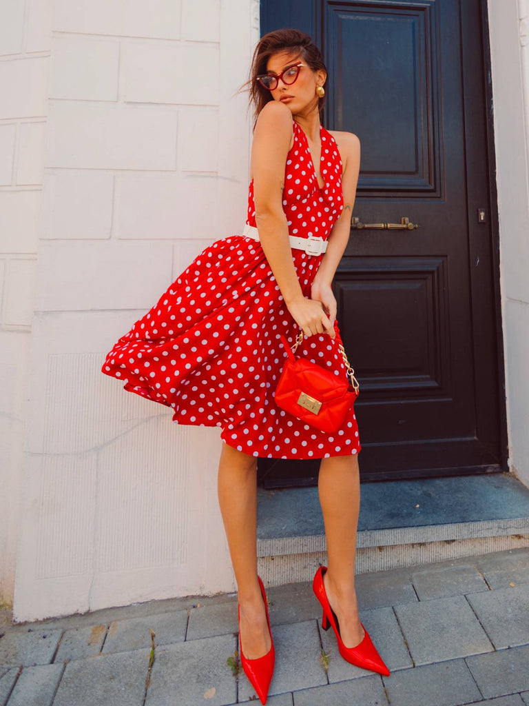 Rot 1950er Polka Dot Halter Kleid