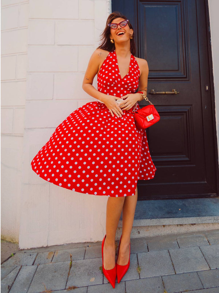 Rot 1950er Polka Dot Halter Kleid