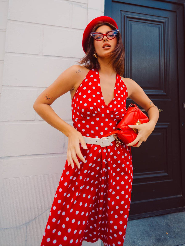 Rot 1950er Polka Dot Halter Kleid