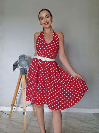 Rot 1950er Polka Dot Halter Kleid