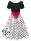 Schwarz 1950er Polka Dots Bootskragen Kleid