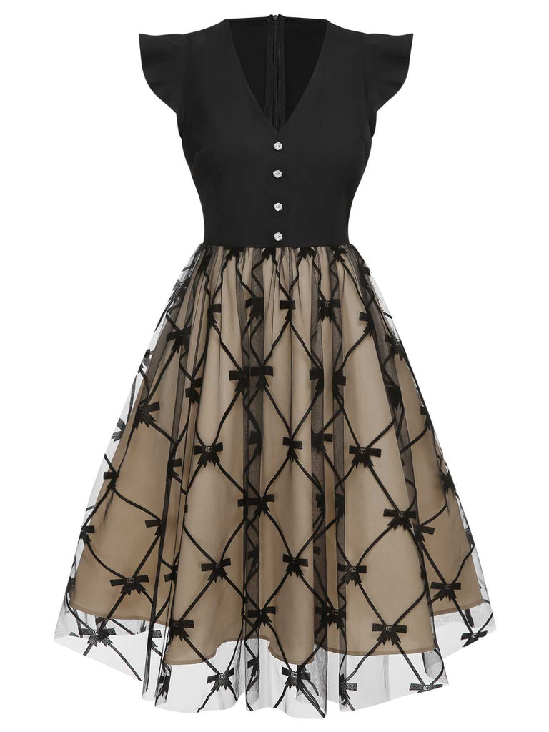[Vorverkauf] Schwarz 1950er V-Ausschnitt Bogen Masche Kleid