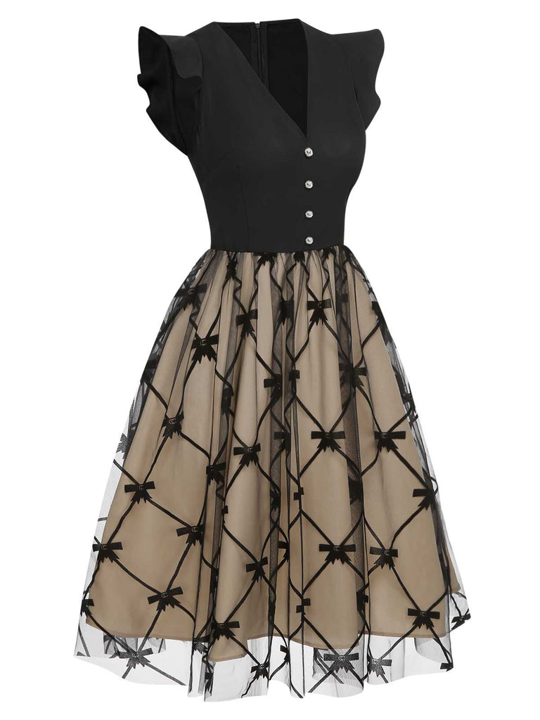 [Vorverkauf] Schwarz 1950er V-Ausschnitt Bogen Masche Kleid
