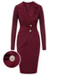 Purpurrot 1940er Solide Lang Reversärmeln Kleid