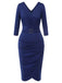 Blau 1940er Solide V-Ausschnitt Kleid mit Gürtel