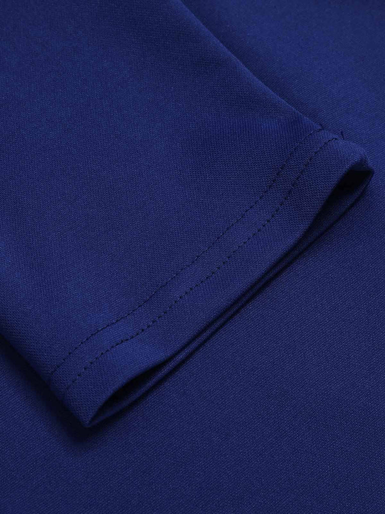 Blau 1940er Solide V-Ausschnitt Kleid mit Gürtel