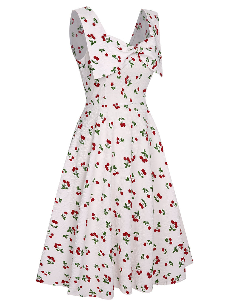 Weiß 1950er Schleife Kirsche Sweetheart Ausschnitt Kleid