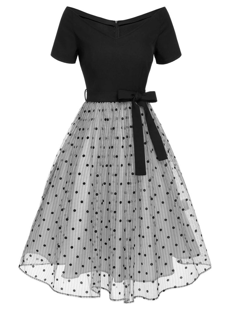 [Vorverkauf] Schwarz 1950er Tupfen Netz Schulterfrei Kleid