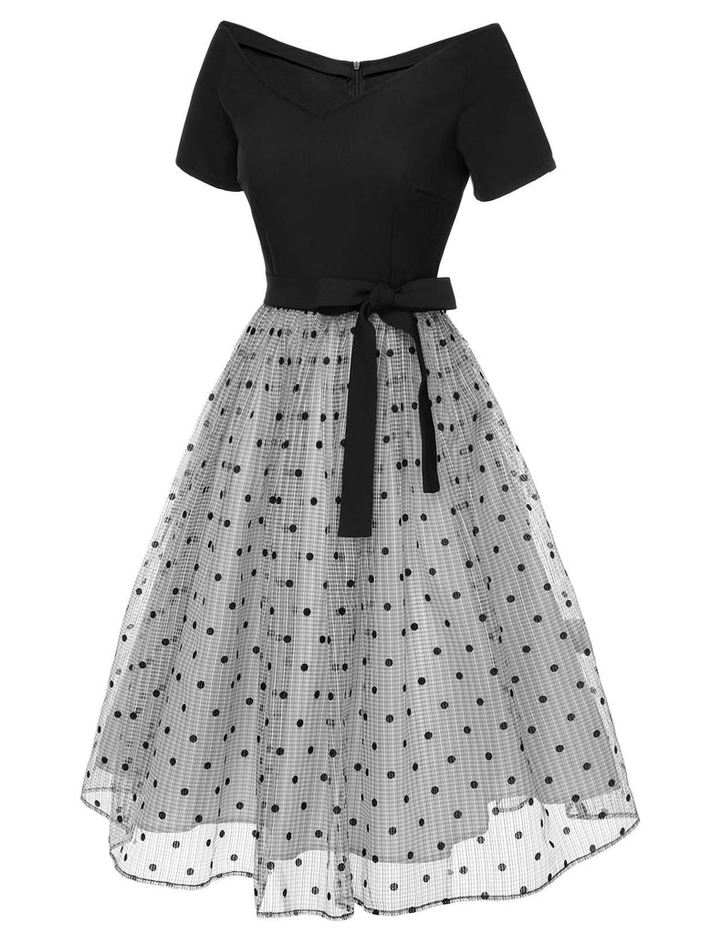 [Vorverkauf] Schwarz 1950er Tupfen Netz Schulterfrei Kleid