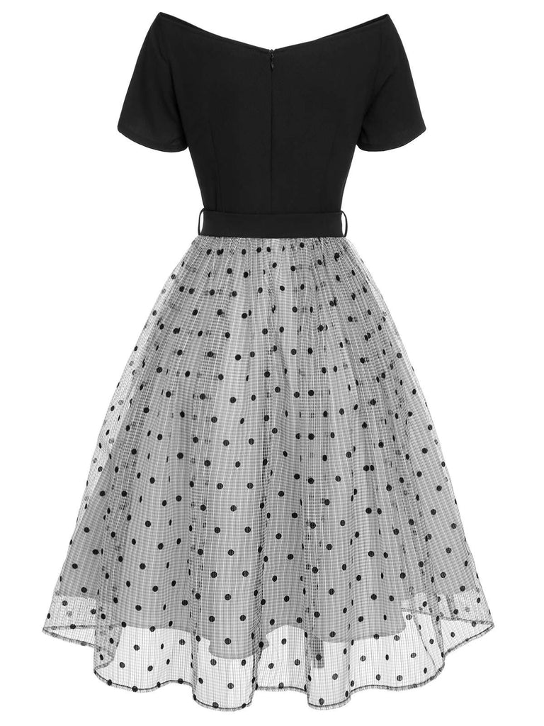 [Vorverkauf] Schwarz 1950er Tupfen Netz Schulterfrei Kleid