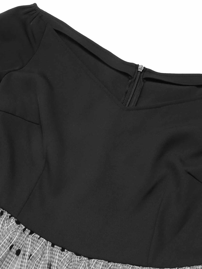 [Vorverkauf] Schwarz 1950er Tupfen Netz Schulterfrei Kleid