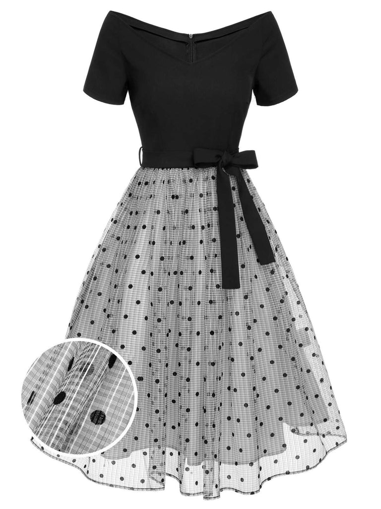 [Vorverkauf] Schwarz 1950er Tupfen Netz Schulterfrei Kleid
