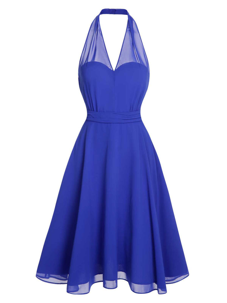 Blau 1950er Solide Chiffon Halter Kleid