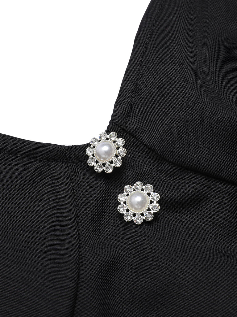Schwarz 1960er Solide Perlenknöpfen Strapskleid