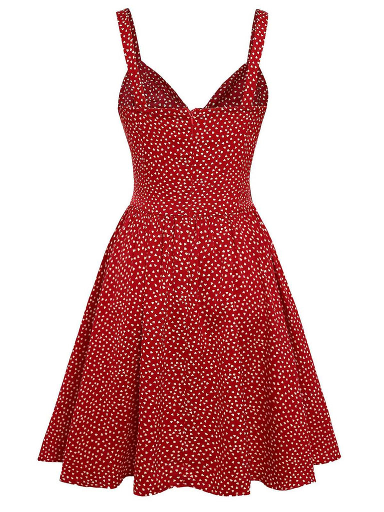 Rot 1950er Spaghetti Träger Herz Bedrucktes Kleid