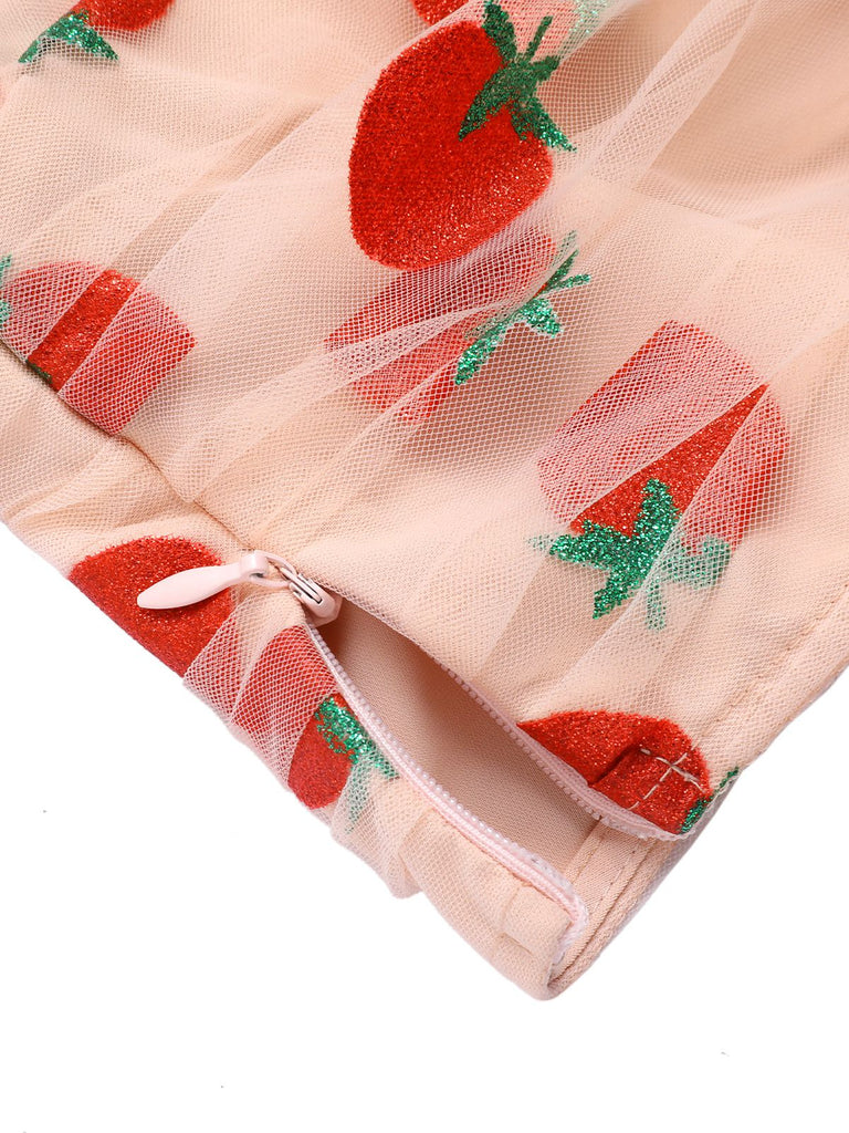 [Vorverkauf] Rosa 1950er Erdbeere Mesh V-Ausschnitt Top