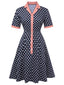 Dunkelblau 1950er Polka Dot Revers Kleid