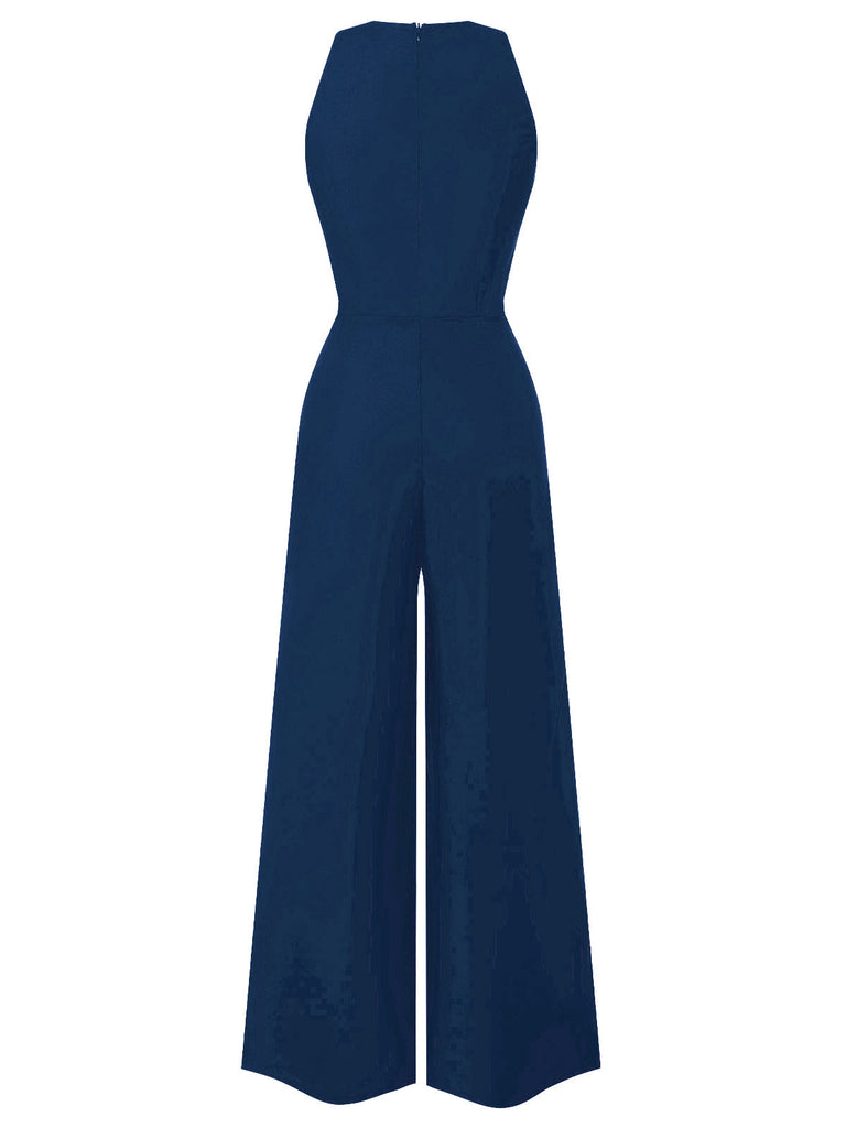 [Vorverkauf] Blau 1950er Ärmellos Geknöpft Solide Jumpsuit