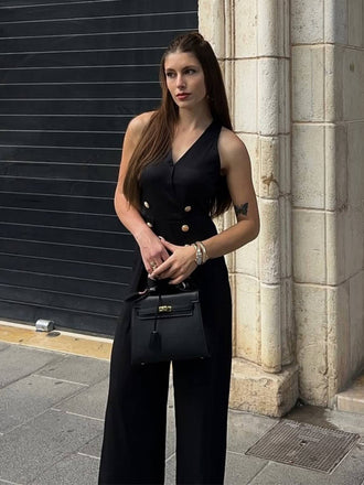 Schwarz 1950er Ärmellos Geknöpft Solide Jumpsuit