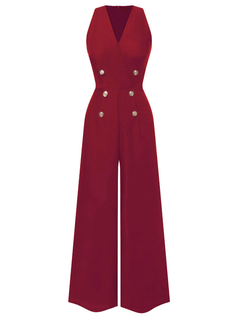 [Vorverkauf] Blau 1950er Ärmellos Geknöpft Solide Jumpsuit